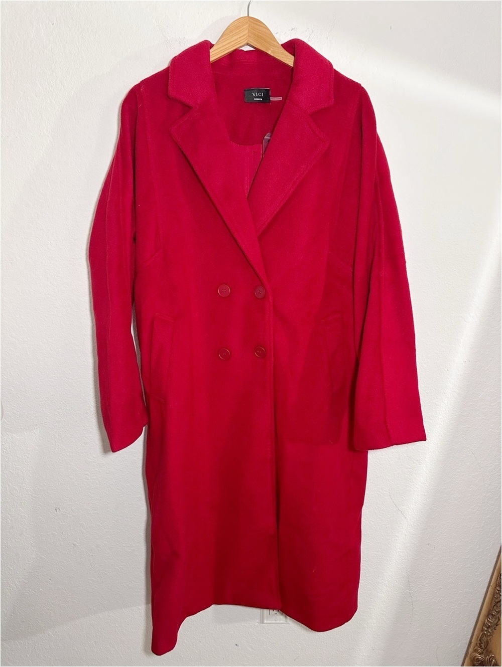 NWT Vici Bright Cherry Red Collared Pea Trench Coat Size Medium Heavy Weight